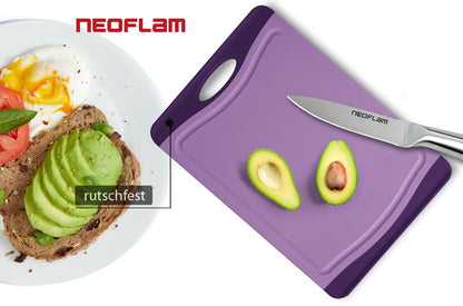 Neoflam Flutto - Tabla de cortar de polietileno, color morado, plástico duradero, resistente a los arañazos, mango grande, esencial para cocina (11.5 x 8 x 0.3 pulgadas)