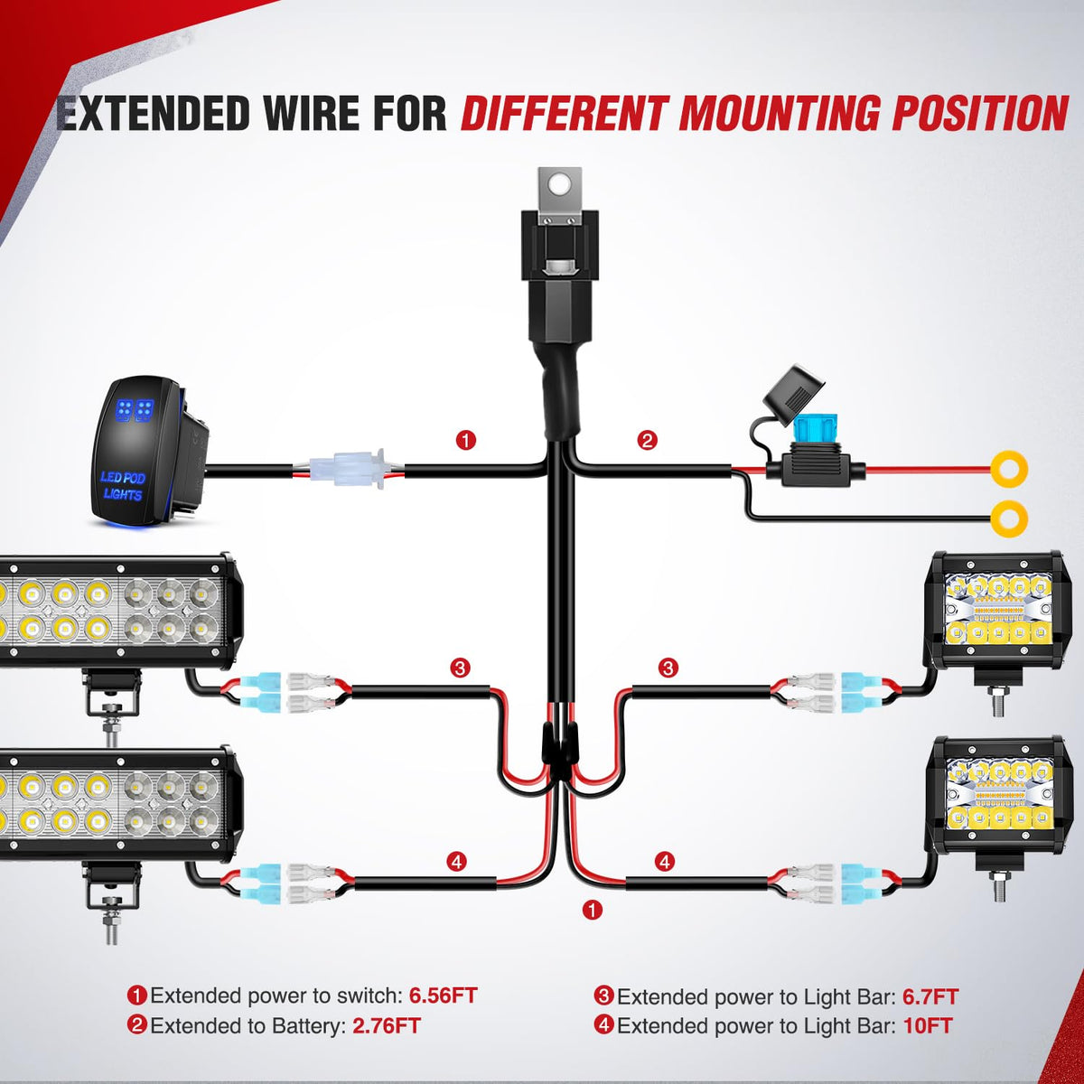 Nilight Kit de Cableado de Luces LED 16 AWG 4 Cables | Interruptor de 5 Pines, Resistente al Agua, para Coches, Jeep, Barcos, ATV, Camiones