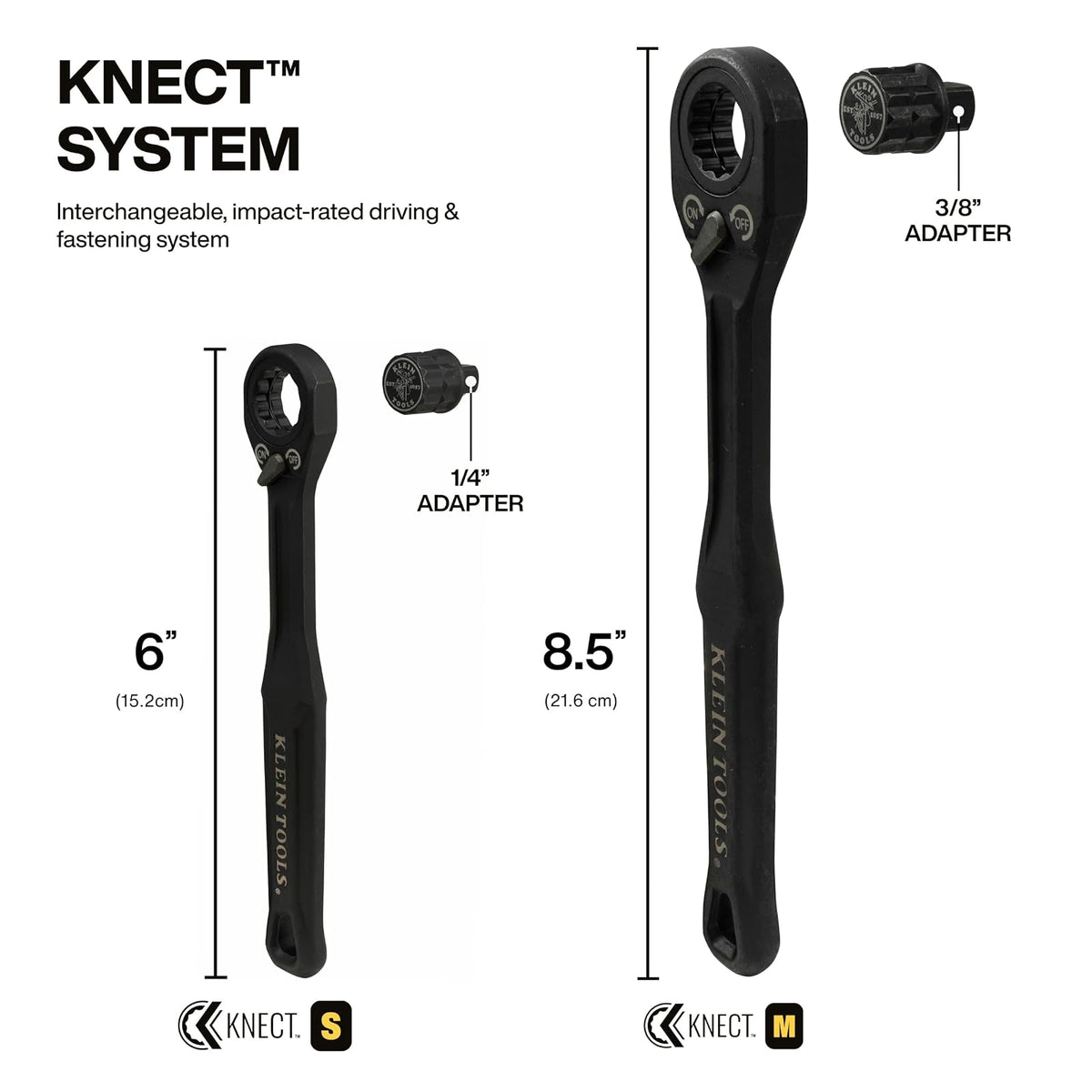 Klein Tools 65408ADP KNECT (M) - Juego de carraca y adaptador de enchufe de 3/8 pulgadas, llave de 90 dientes para varillas roscadas extendidas, agarre compacto y cómodo, compatibilidad de enchufe
