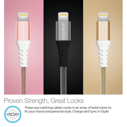 Naztech Lightning to USB Durable 4ft Braided Charge/Sync Cable, 8-pin MFi Certified, Tangle-Free, Compatible For All iPhones/iPads/iPods Plus Other Lightning Enabled Devices (Black)