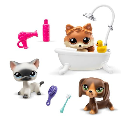 Littlest Pet Shop – Paquete SPA de Mascotas – Juego de Figuras coleccionables y Grooming para niñas – 3 Mascotas con Accesorios