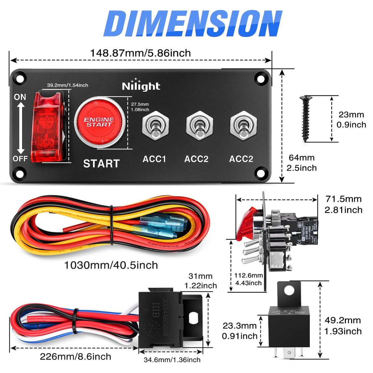 Nilight - Panel de interruptor de encendido de 12 V 5 en 1 con interruptor de botón de motor con arnés de cableado de relé LED para RV, camión, carreras, coche, barco, remolque marino