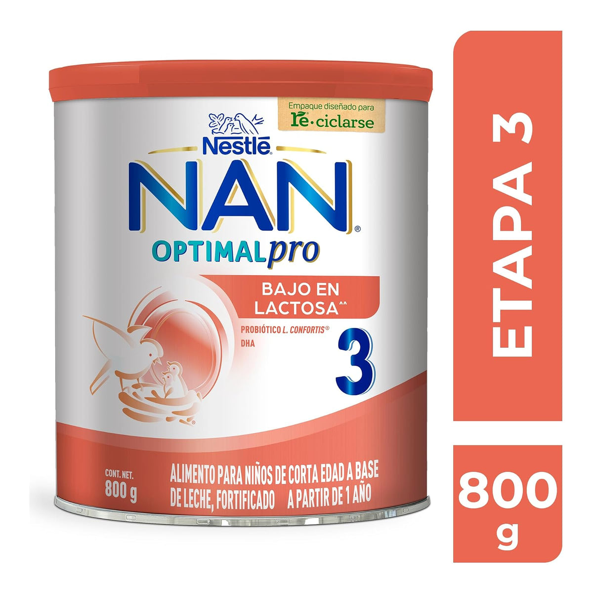 NAN 3 Optimal Pro Baja en Lactosa, Alimento Para Niños 1 Año, Lata de 800 g