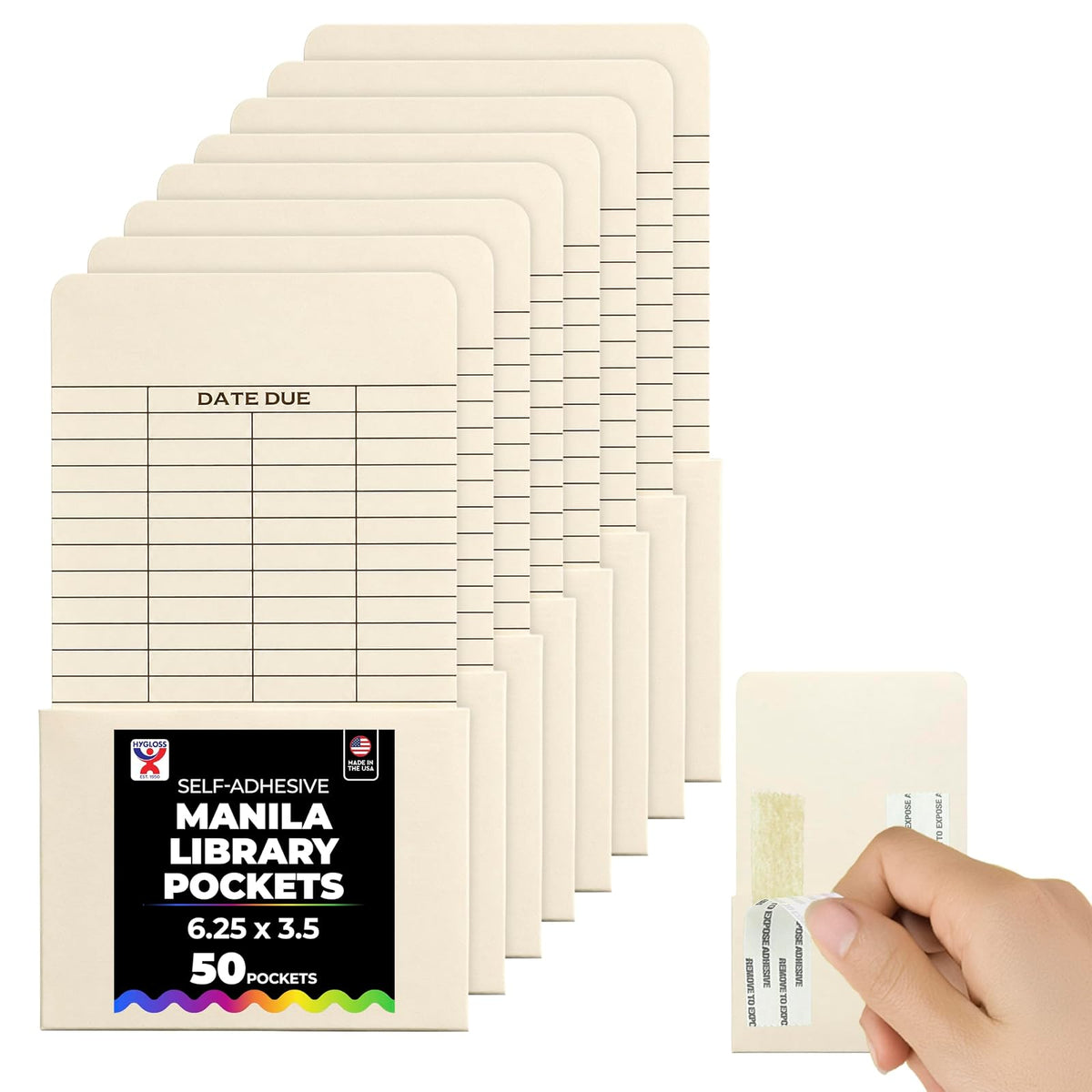 Hygloss Products Manila - Bolsillos para , Sobres autoadhesivos Fabricados en los Estados Unidos, Respaldo Alto con Fecha de 6.25 x 3.5 Pulgadas, Paquete de 50
