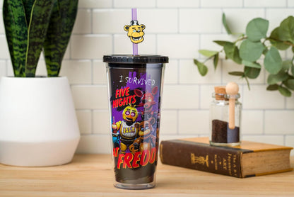Silver Buffalo Five Nights at Freddy's - Taza fría de plástico con tapa y popote con Freddy Fazbear, Foxy, Chica y Bonnie, 24 onzas