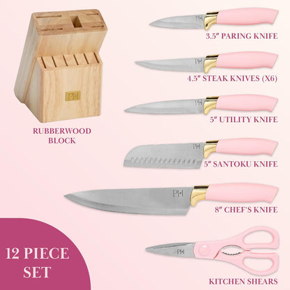 Paris Hilton - Juego de cuchillos de 12 piezas con bloque, cuchillería de acero inoxidable de alto carbono, cuchillas de precisión y mangos ergonómicos, color rosa
