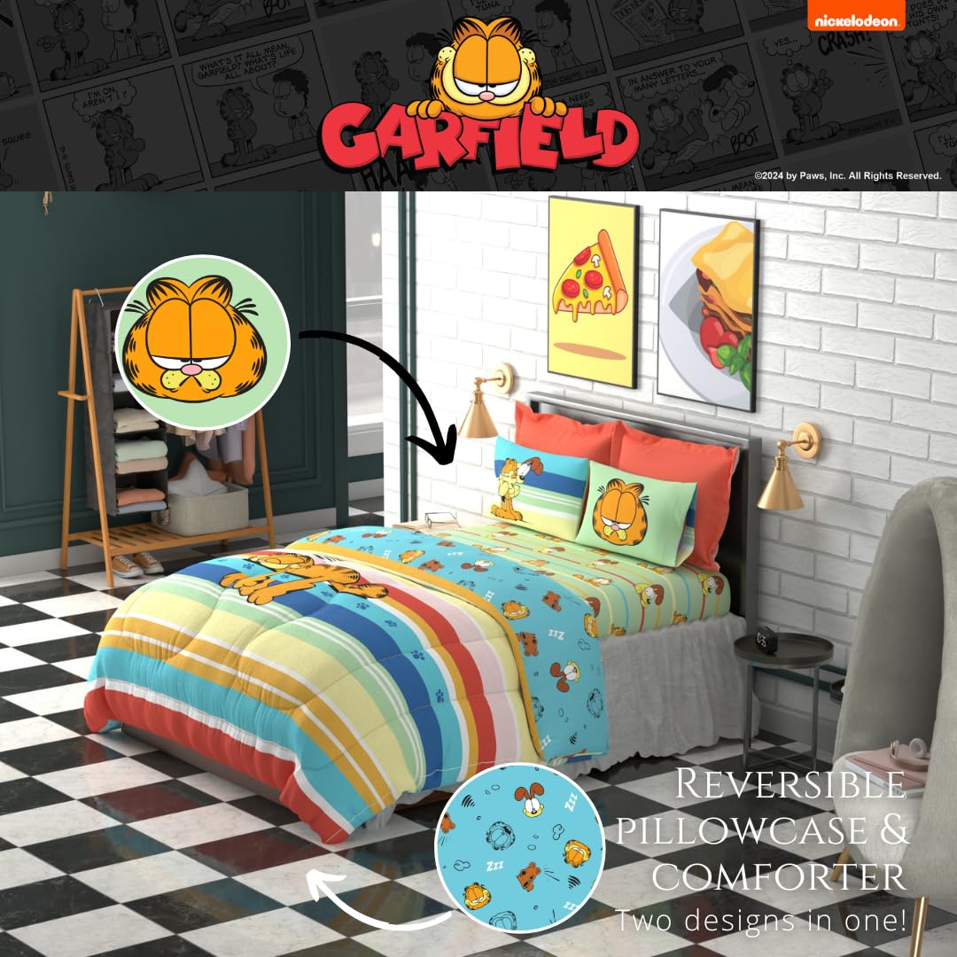 Franco - Juego de sábanas y edredón Reversible de 5 Piezas, para niños, (Producto con Licencia Oficial), Garfield