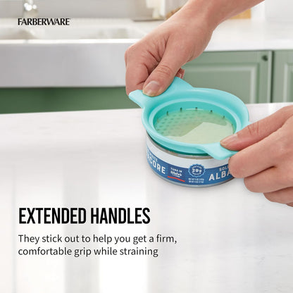 Farberware Colador de latas, para colar rápida y fácil pasta, frutas, verduras, jugos, atún y más, se adapta a la mayoría de latas estándar, apto para lavaplatos, Aqua Sky
