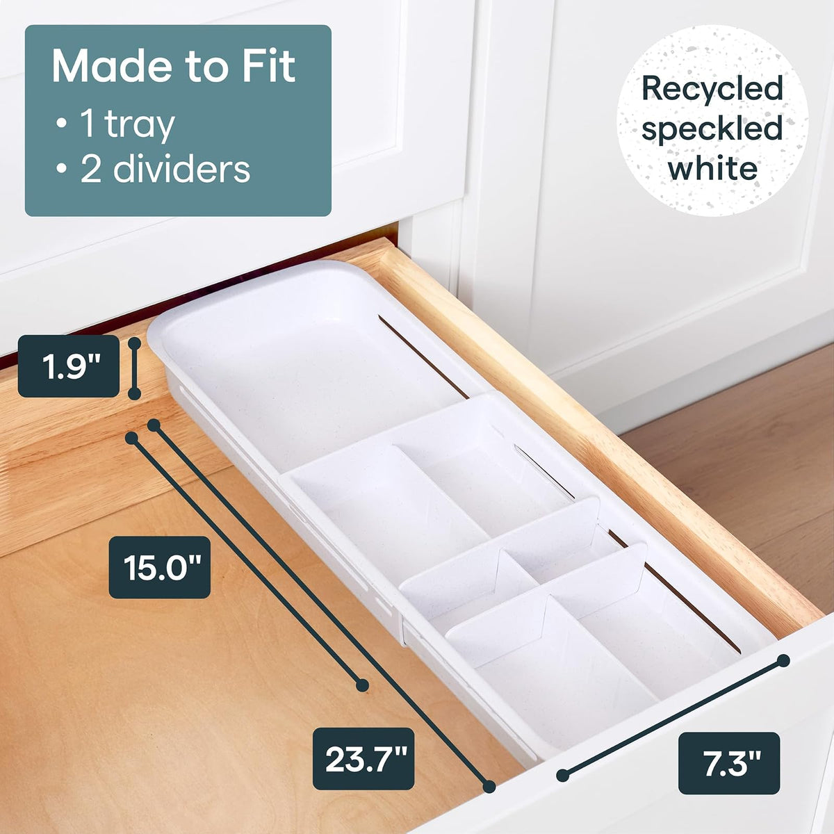 YouCopia DrawerFit - Bandeja deslizante para cajones con divisores ajustables, organizador de almacenamiento de cocina ampliable, color blanco moteado