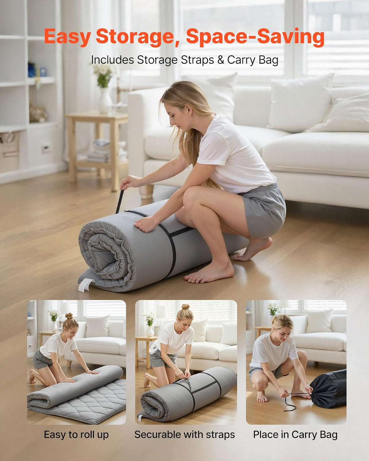 VEVOR Colchón Futón Japonés, Colchón de Tatami Plegable, Tamaño Completo, con Bolsa de Almacenamiento y Herrajes de Montaje, Esterilla de 9 Capas para Meditación y Yoga, Gris, 2032 x 1372 x 89 mm