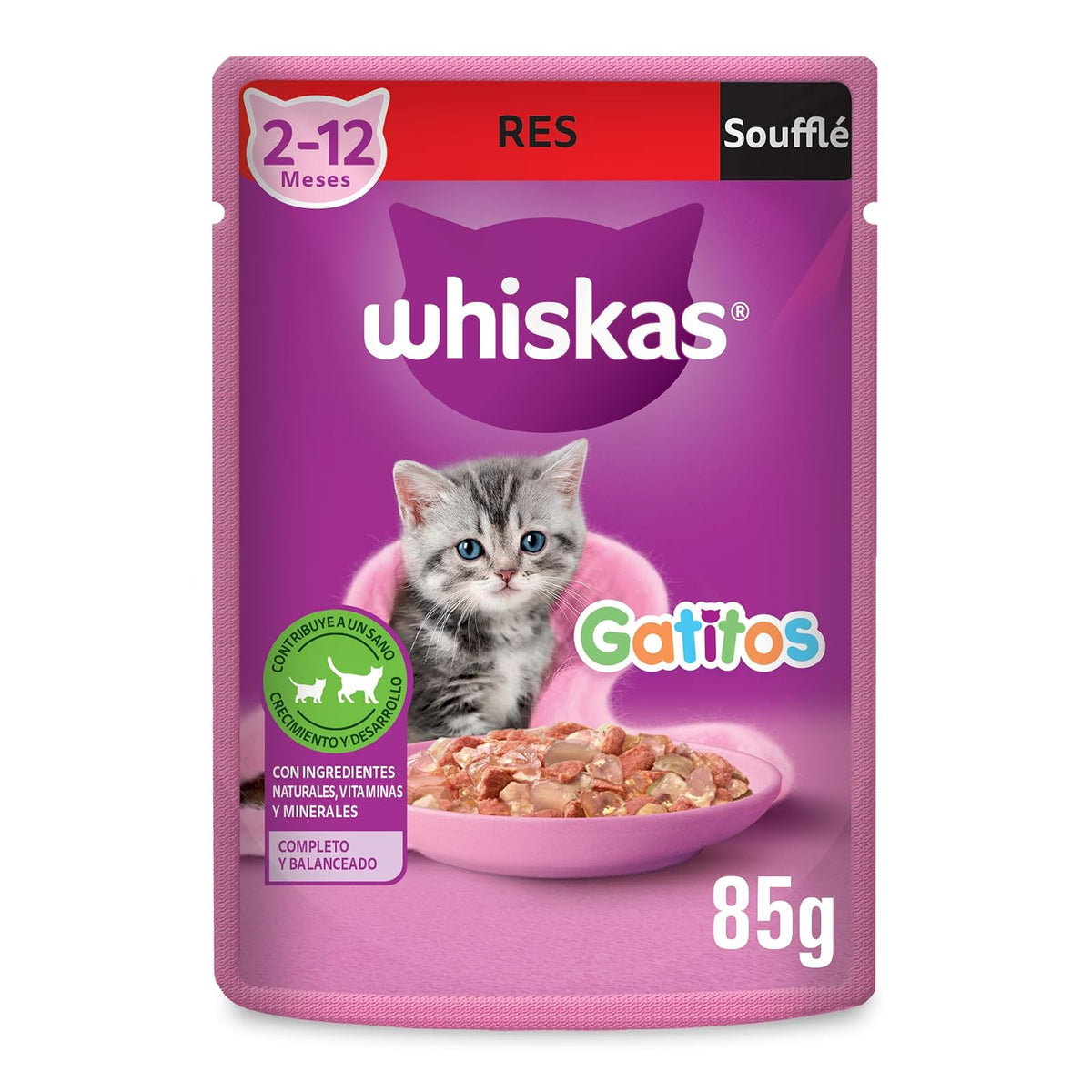 Whiskas - Alimento Húmedo para Gatitos, Sabor Soufflé de Res, con Proteína, Zinc, Vitamina E y Fibra, 24 Sobres para Gato, 85 gr. c/u
