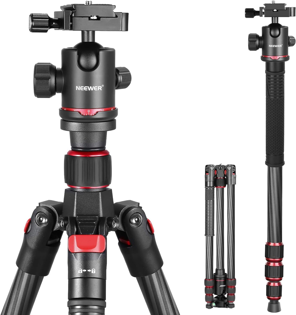 NEEWER 66"/168cm Fibra de Carbono Tripode para Camara con 360° Rotula, N55C | Panorama, 1/4" Arca Placa QR, Portatil Bolsa, Compacto Viaje Tripode Monopod para DSLR Video Camcorder