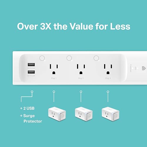 Kasa Smart Enchufe KP303, Protector de sobretensiones con 3 Tomas Inteligentes controladas Individualmente y 2 Puertos USB, Funciona con Alexa y Google Home, no Requiere concentrador, Color Blanco