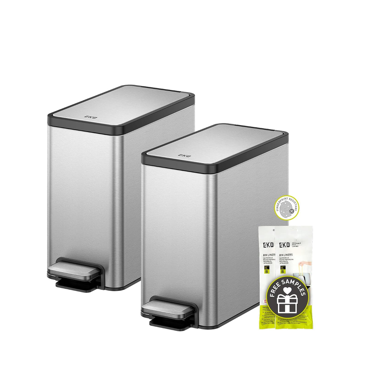 EKO - cubeta de basura pequeño delgado para baño con tapa, cubeta de basura de cocina de acero inoxidable con cubeta interior extraíble, paquete de 2 cubos de basura de 6 litros/1.6 galones