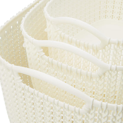 Curver - Set de 3 Canastas Knit, Juego de 3 Cestas De Plástico Estilo Ratán, L + S + XS, Organizadoras, Multiusos, Blanco Oasis