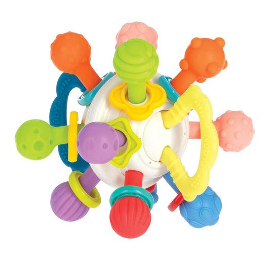 Nuby Mordedera Twist Ball para Bebé +3 Meses | Juguete Sensorial con Sonaja | Múltiples Texturas y Colores Brillantes | Desarrollo Motriz