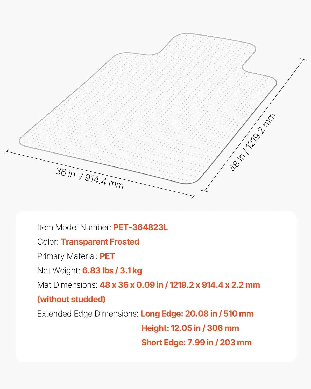 VEVOR Alfombra Protectora para Suelos Alfombrados 1219,2 x 914,4 mm Alfombrillas de Pet para Silla de Oficina Antideslizante Fácil de Limpiar Deslizamiento Suave para Hogar, Oficina, Transparente