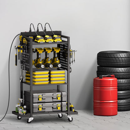 VEVOR Carrito Organizador de Herramientas de 4 Niveles con estación de Carga, 8 Tomas de CA, Soporte para Taladro con Ruedas y Soporte para batería de Herramientas con Ruedas, para Taller o Garaje
