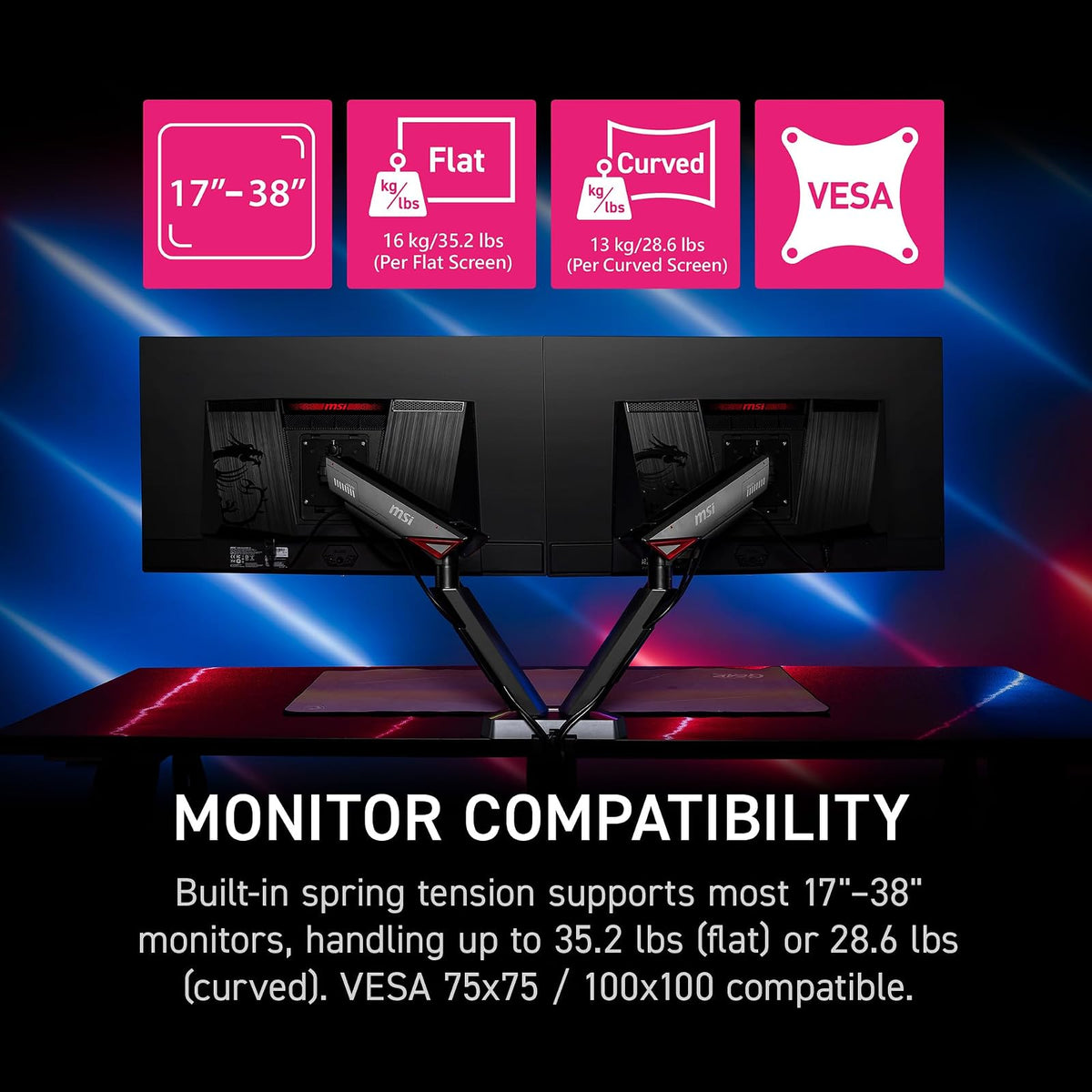 MSI MPG MT161DR - Brazos de Soporte para Monitor Doble RGB de Alta Calidad, Soporte de 17-38 Pulgadas, Compatible con VESA, Montaje asistido por Resorte Ajustable, 36 Libras por Capacidad de