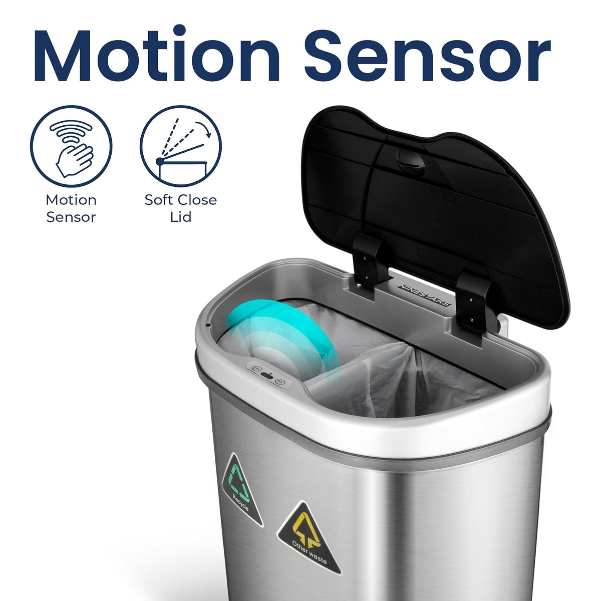 NINESTARS - Bote de Basura reciclable con Sensor de Movimiento de Acero Inoxidable DZT-70-11R, galones, 70 litros/18,5 galones, Plateado/Negro