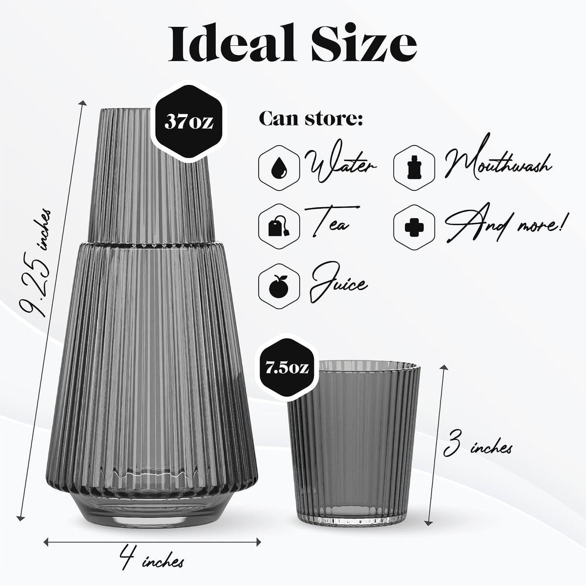 American Atelier - Jarra de agua de noche clásico con vaso, jarra acanalada de 42 onzas y vaso a juego, doble como tapa para habitación de invitados, oficina o regalo, 4.5 x 9.2 pulgadas (gris)