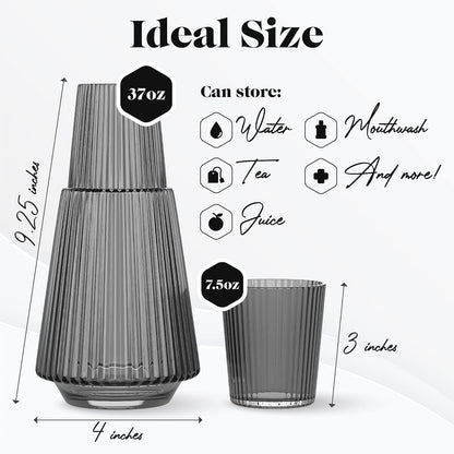 American Atelier - Jarra de agua de noche clásico con vaso, jarra acanalada de 42 onzas y vaso a juego, doble como tapa para habitación de invitados, oficina o regalo, 4.5 x 9.2 pulgadas (gris)