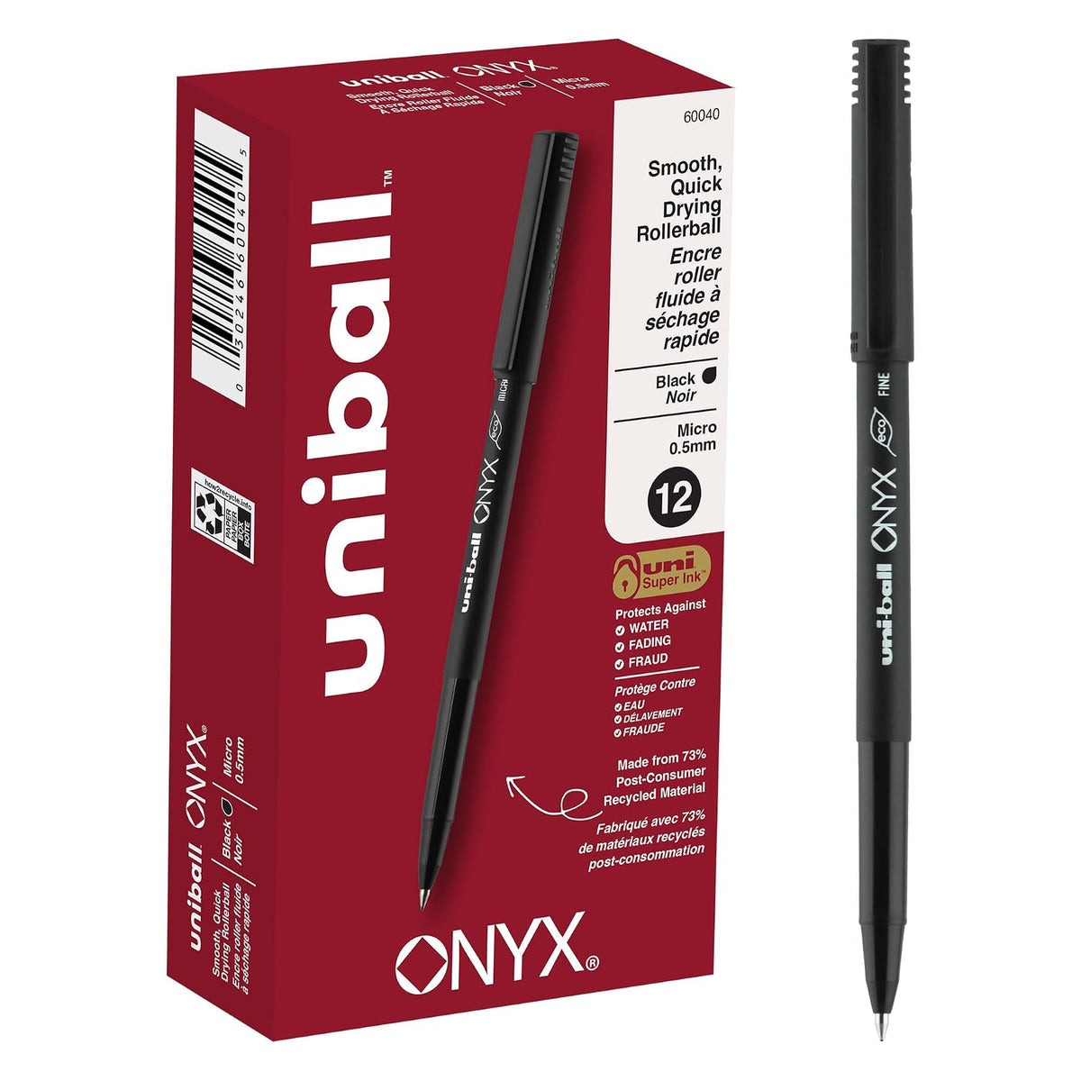 Uni-ball Onyx Bolígrafo de Punta Redonda Fina, Negro, 12 Piezas - 12 Unidad (Paquete de 1)