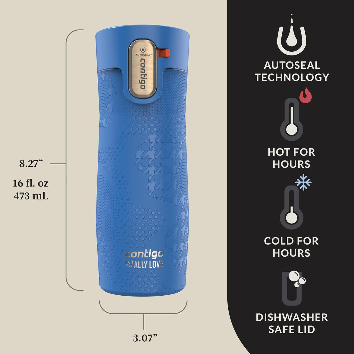 Contigo x Ally Love - Taza de viaje de acero inoxidable aislada al aspiradora con tapa de cierre automático y fácil de limpiar, a prueba de derrames, mantiene las bebidas frías 24 horas y calientes
