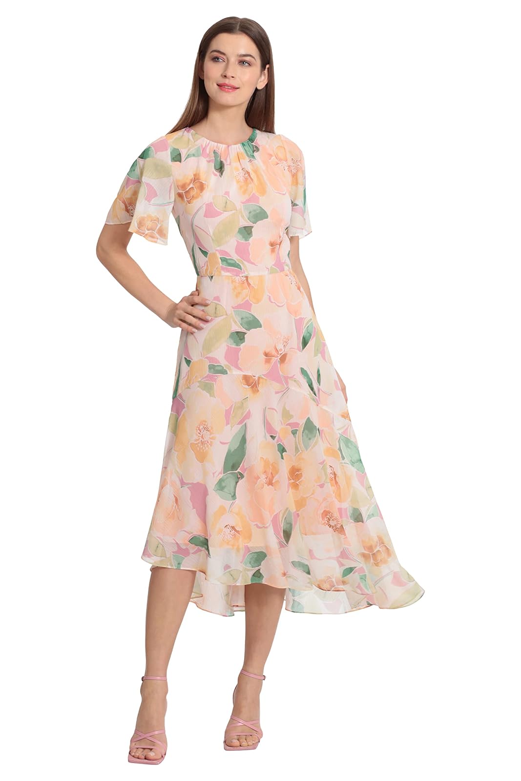 Maggy London - Vestido de Manga Corta con vuelos y Acampanados para Mujer con Dobladillo asimétrico