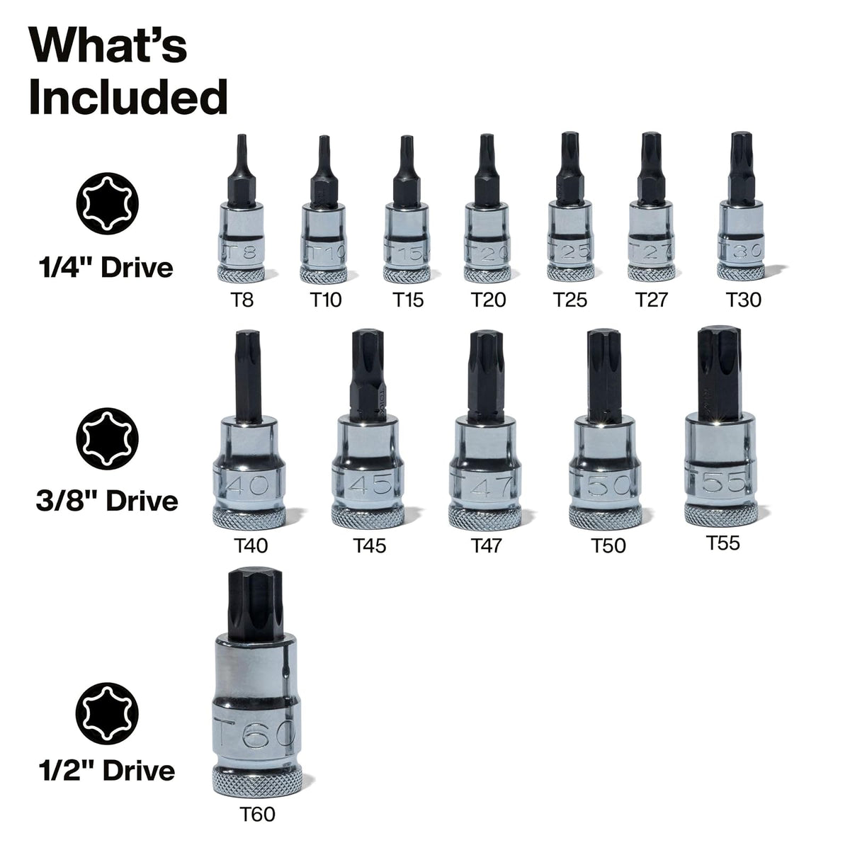 Klein Tools 65213TX TORX Juego de llaves de puntas T8 toT60, unidades de 1/4, 3/8 y 1/2 pulgadas, acero Cr-V premium, funda MODBox, 13 piezas
