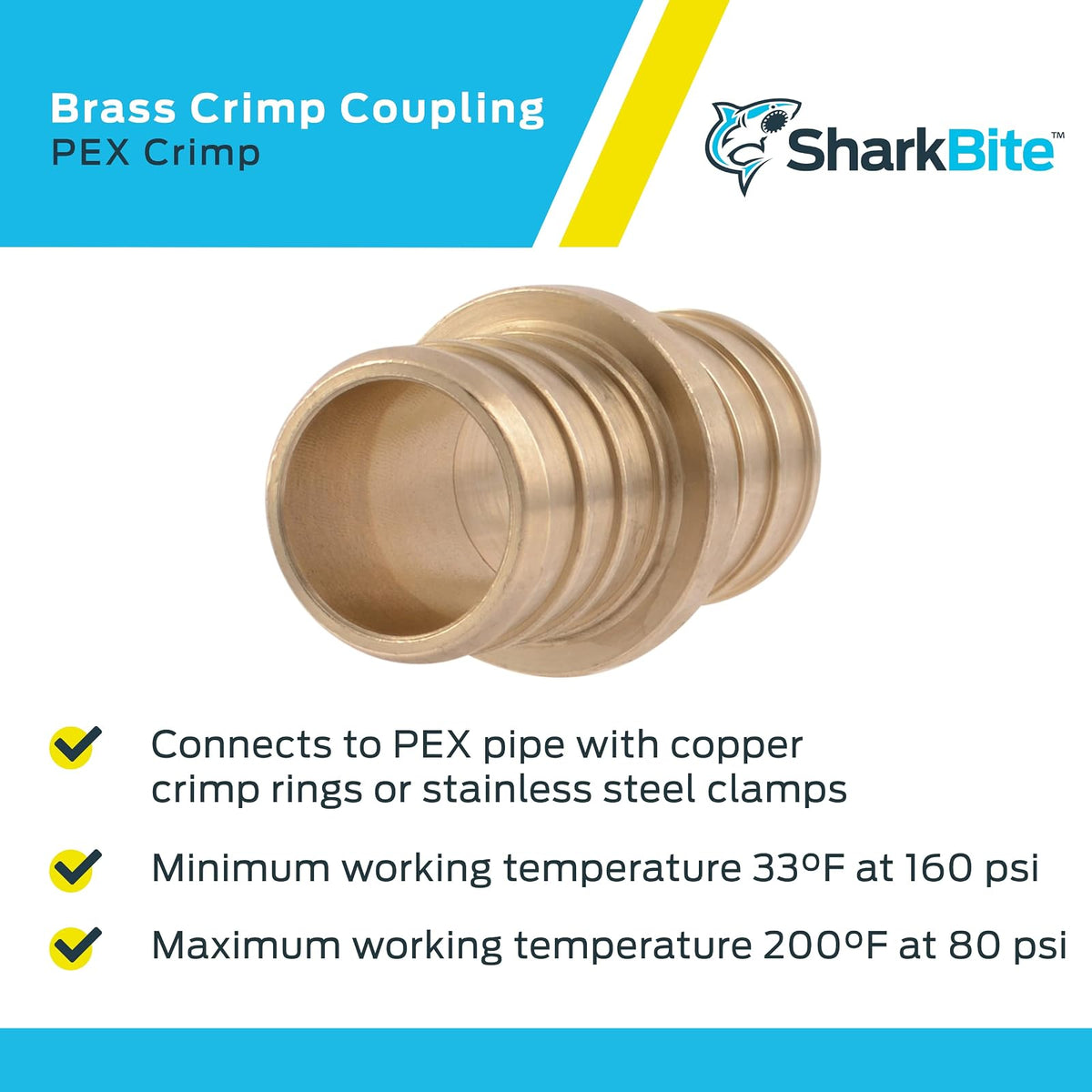 SharkBite Acoplamiento de crimpado de 3/4 pulgadas, paquete de 10, ajuste de fontanería de latón, tubo PEX, PE-RT, UC016LFA10