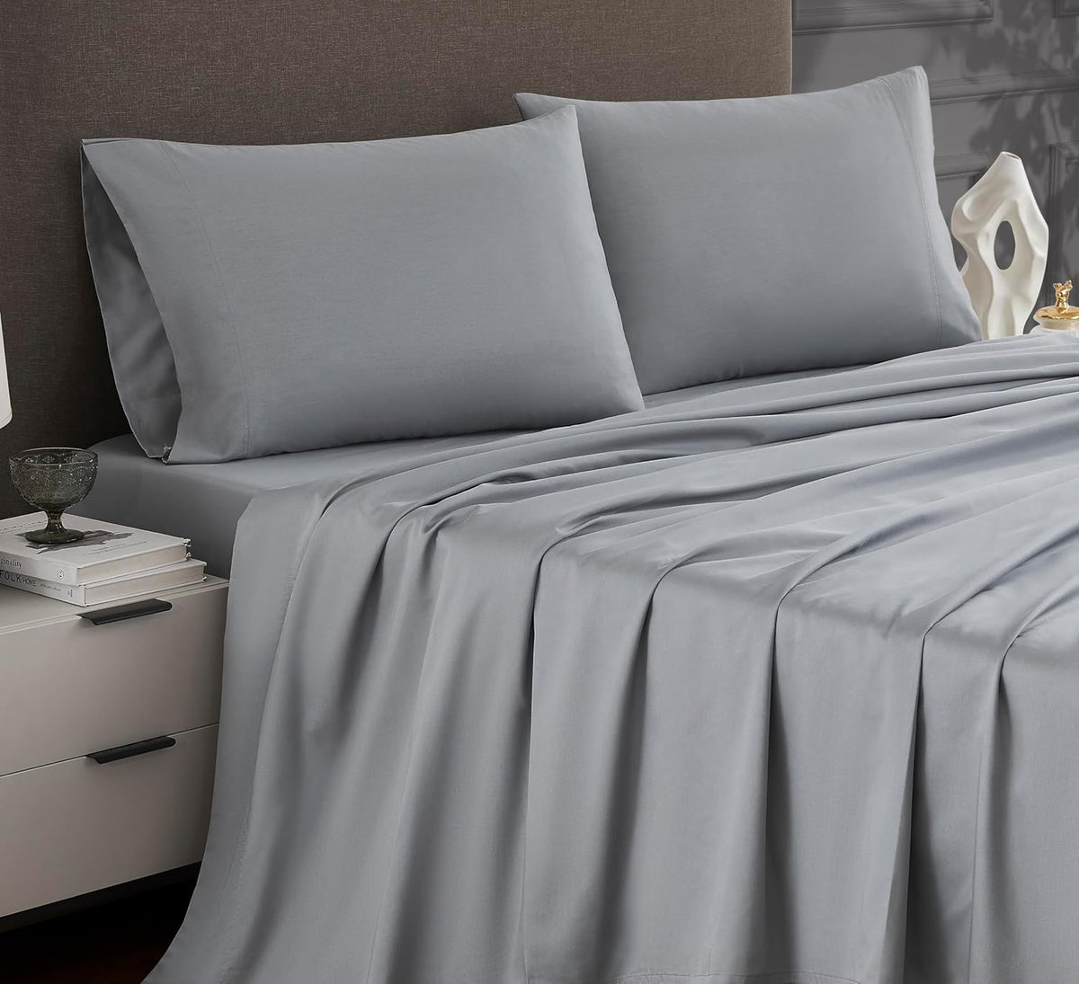 Linen Closet - Juego de sábanas de algodón de Lujo de 1200 Hilos, tamaño Queen, Gris Claro