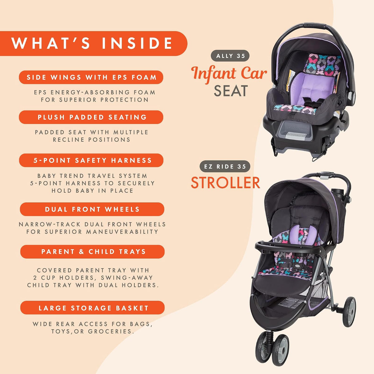 Baby Trend EZ Ride 35 Sistema de Viaje con Carriola y Asiento para Automóvil Infantil para Recién Nacidos de 1.8 a 15.9 kg, Asiento Reclinable Acolchado, Toldo Grande, Sophia
