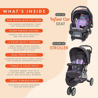 Baby Trend EZ Ride 35 Sistema de Viaje con Carriola y Asiento para Automóvil Infantil para Recién Nacidos de 1.8 a 15.9 kg, Asiento Reclinable Acolchado, Toldo Grande, Sophia