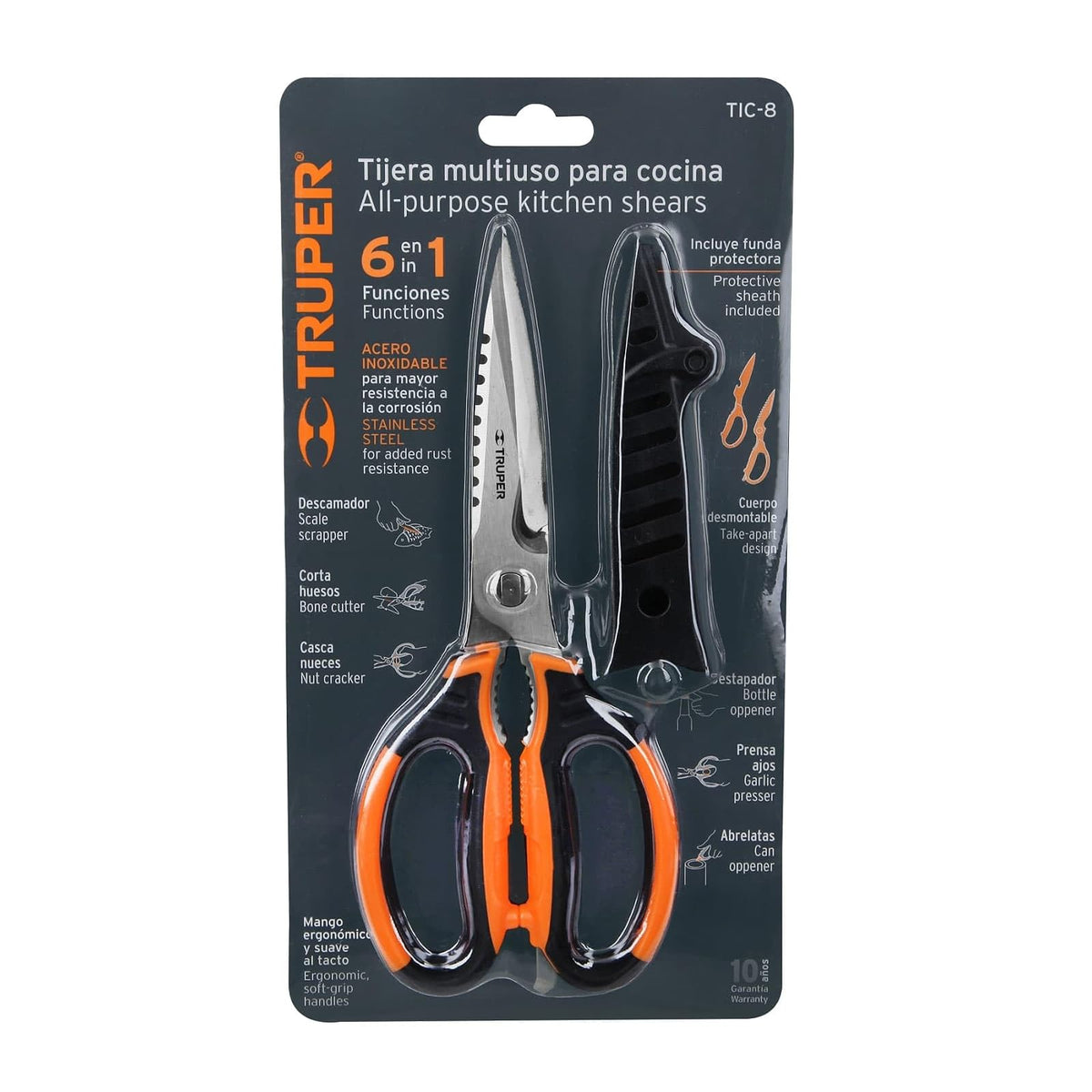Truper TIC-8, Tijera multiusos para cocina, 8", acero inoxidable