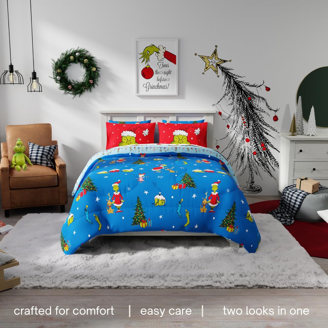 Grinch de Dr. Seuss Ropa de Cama de Vacaciones y Navidad Supersuave, Juego de Edredón y Sábanas con Funda de Almohada, 7 Piezas, Tamaño Completo (Producto Oficial de Dr. Seuss) de Franco
