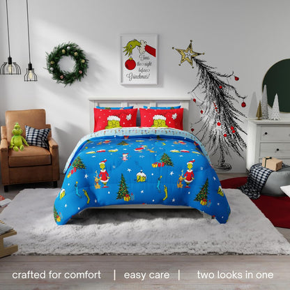 Grinch de Dr. Seuss Ropa de Cama de Vacaciones y Navidad Supersuave, Juego de Edredón y Sábanas con Funda de Almohada, 7 Piezas, Tamaño Completo (Producto Oficial de Dr. Seuss) de Franco