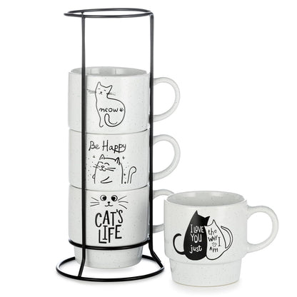 Signature Housewares - Juego de 4 tazas de café apilables con estante de alambre de metal, tazas de café de 15 onzas para café, té, cacao, leche, capuchino, chocolate caliente, vida de gato