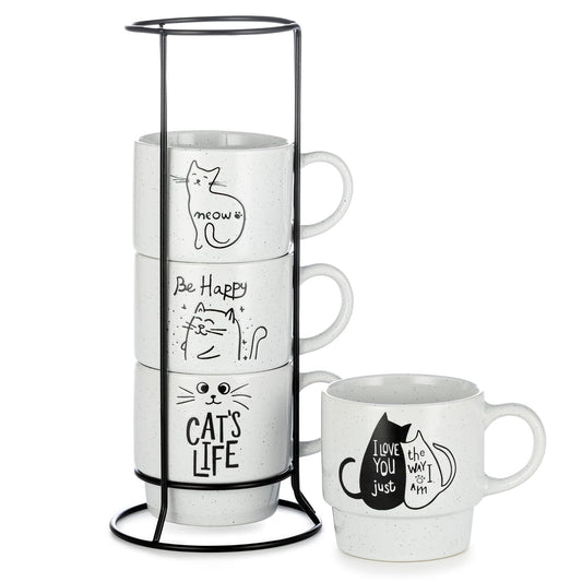 Signature Housewares - Juego de 4 tazas de café apilables con estante de alambre de metal, tazas de café de 15 onzas para café, té, cacao, leche, capuchino, chocolate caliente, vida de gato