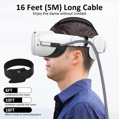 Cable Link VR de 16 pies compatible con Meta Oculus Quest 2/Quest 3/Pro Pico, accesorios trenzados de nailon y juegos de PC Steam VR, cable USB 3.0 de transferencia de datos tipo C, para auriculares VR