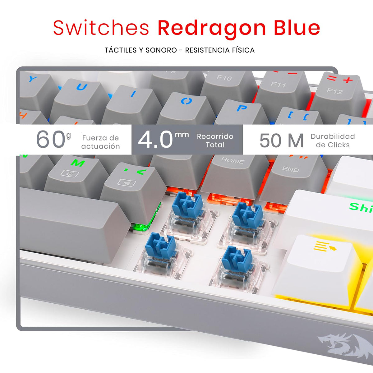 Redragon K617 Teclado Mecánico Alámbrico Gamer Rainbow en inglés, Fizz k617R, Switches Blue, Iluminación Rainbow, Anti-Ghosting Teclado Gaming Pc. (Gris/Blanco)