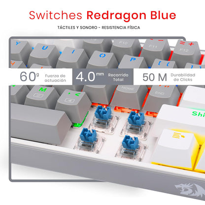 Redragon K617 Teclado Mecánico Alámbrico Gamer Rainbow en inglés, Fizz k617R, Switches Blue, Iluminación Rainbow, Anti-Ghosting Teclado Gaming Pc. (Gris/Blanco)