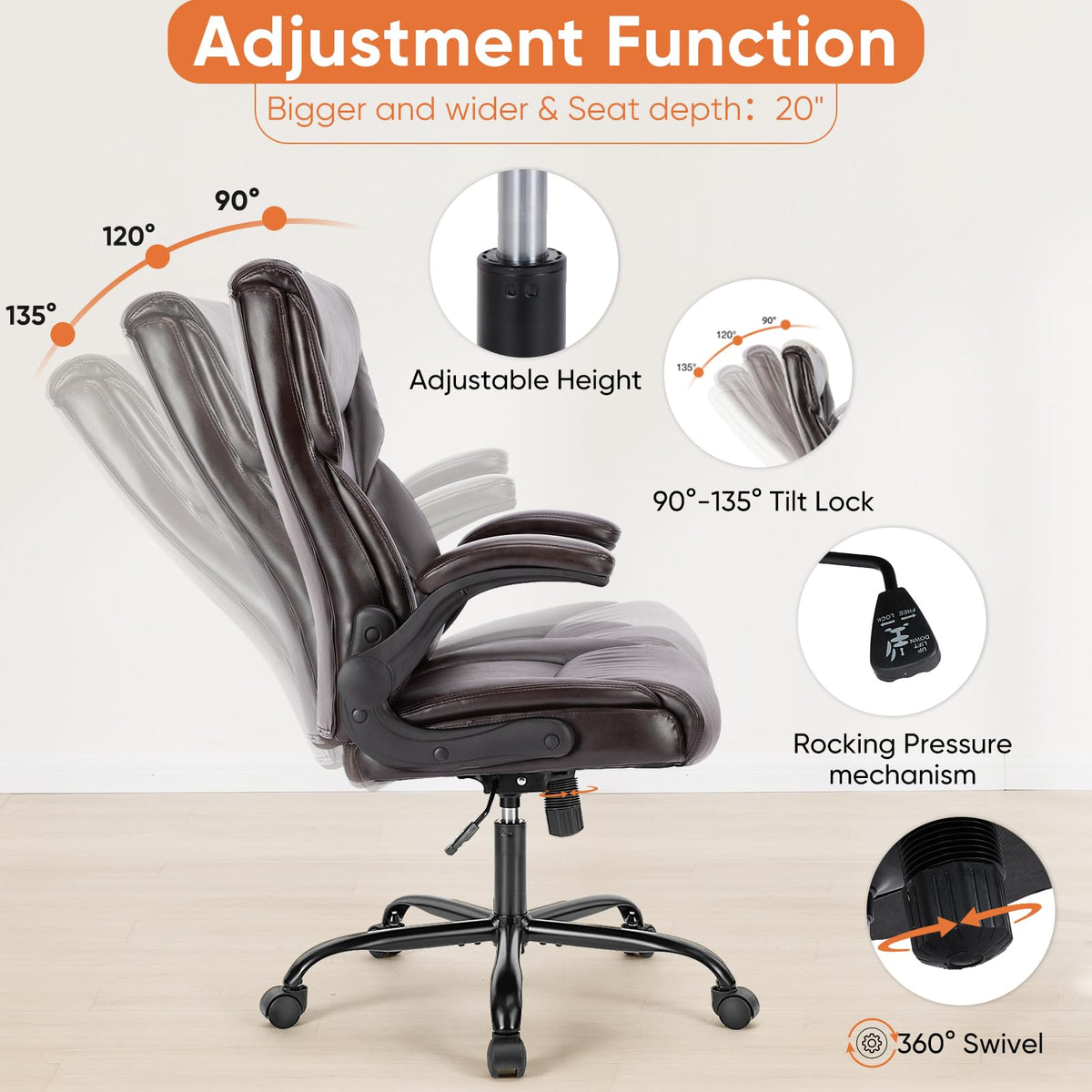Sweetcrispy - Silla ergonómica para Juegos de computadora, Respaldo Alto, sillas de Oficina con Ruedas, Brazos abatibles, Altura Ajustable, Piel sintética, café Oscuro