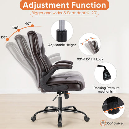 Sweetcrispy - Silla ergonómica para Juegos de computadora, Respaldo Alto, sillas de Oficina con Ruedas, Brazos abatibles, Altura Ajustable, Piel sintética, café Oscuro