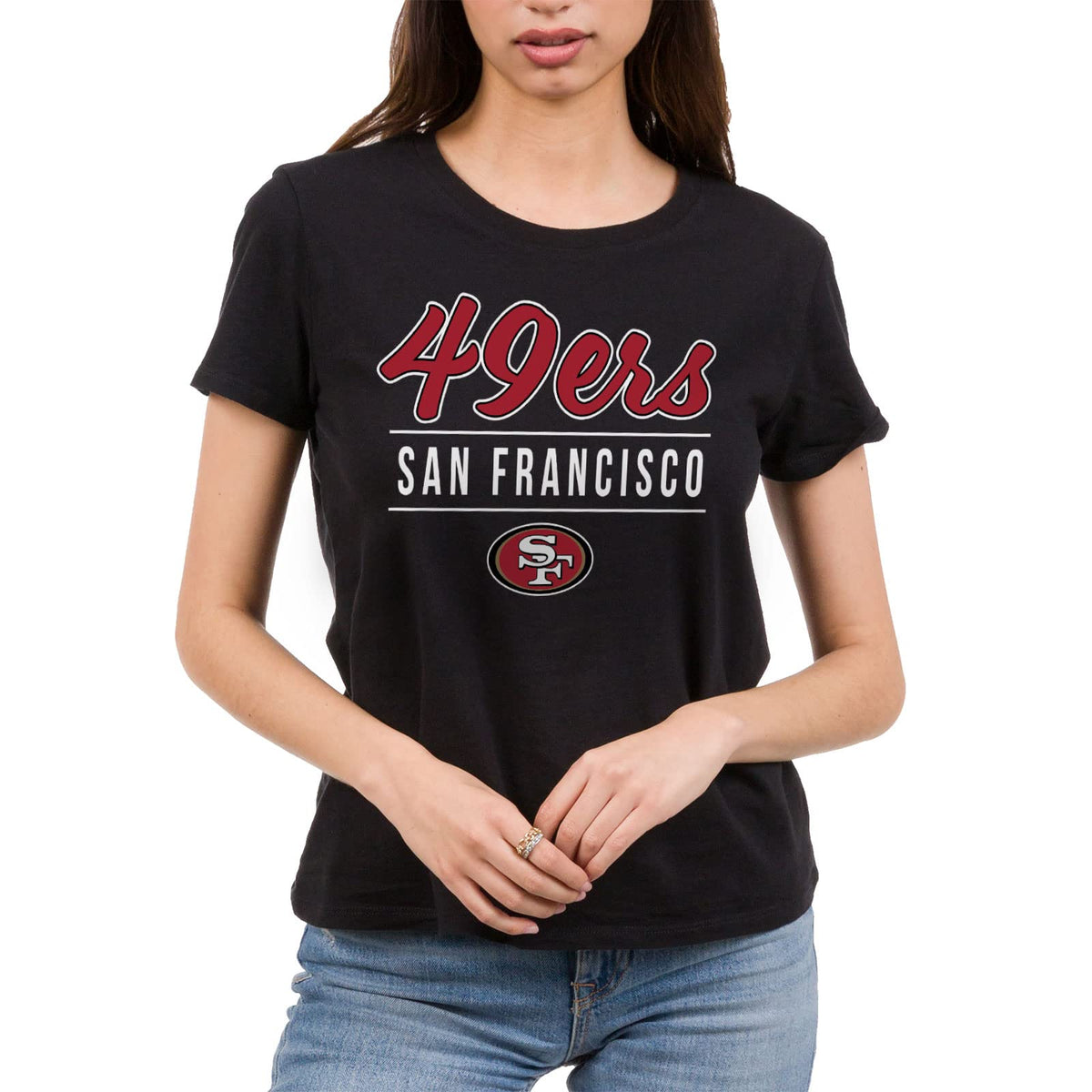 Junk Food San Francisco 49ers Script Team Name - Playera de Manga Corta para Mujer Playera Mujer