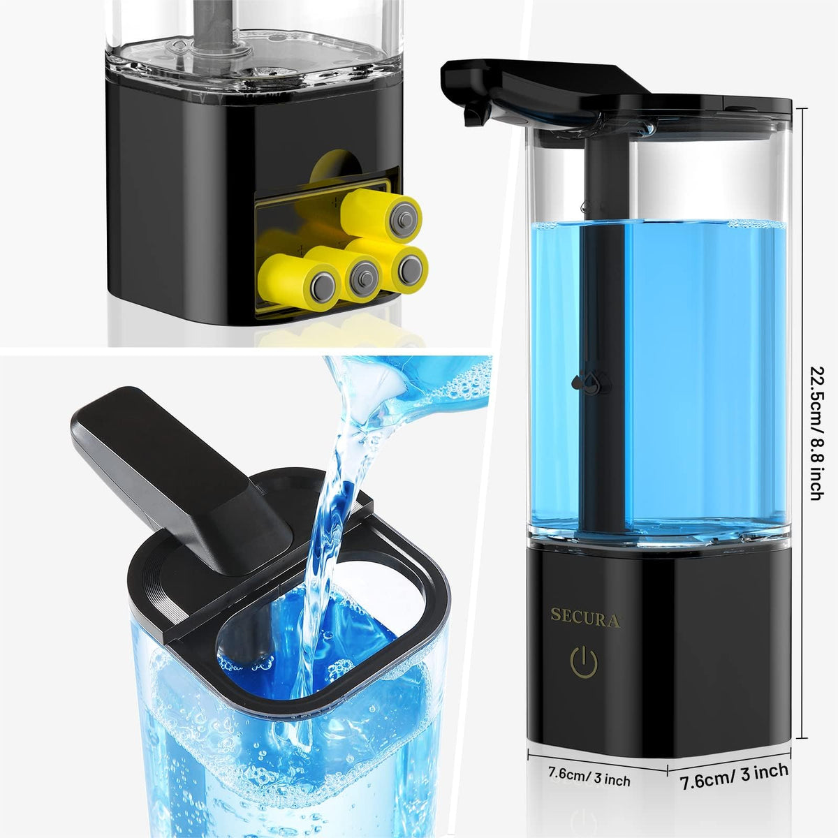 Secura 18.6 oz. Dispensador Automático de Jabón, Dispensador de Jabón Líquido sin Contacto con Temporizador de 25 Segundos, Ajuste de Volumen Controlado por Distancia de 3 Engranajes