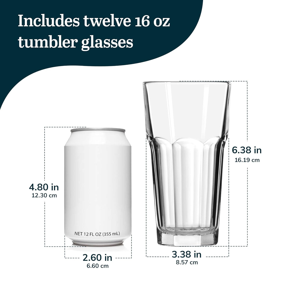 Libbey Juego de 12 vasos altos de vidrio Gibraltar, 473 ml | Capacidad de 16 onzas para agua, jugo, refrescos, cócteles y más con lados facetados y limpieza segura para lavaplatos