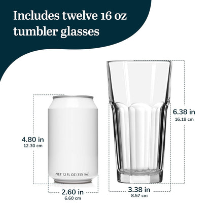 Libbey Juego de 12 vasos altos de vidrio Gibraltar, 473 ml | Capacidad de 16 onzas para agua, jugo, refrescos, cócteles y más con lados facetados y limpieza segura para lavaplatos