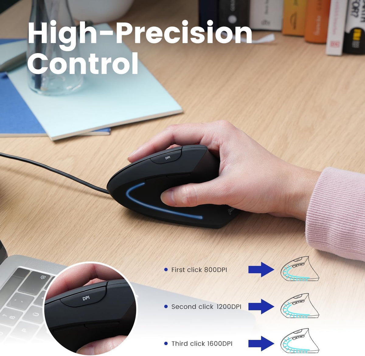 Perixx PERIMICE-513C - Mouse Vertical USB-C con Cable, 6 Botones, Ajustable 1000/1600 dpi, diestro, Cable de 6 pies, Negro