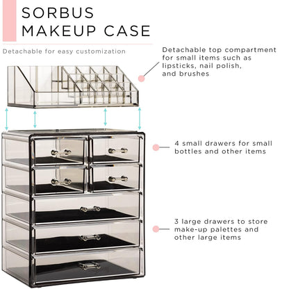 Sorbus Estuche acrílico para almacenamiento de joyas y maquillaje cosmético - Diseño espacioso - Ideal para baño, vestidor, tocador y encimera